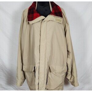 Lands End Barn Coat Mens XL Tan Zip Made in USA Flannel Lined Jacket Outerwear